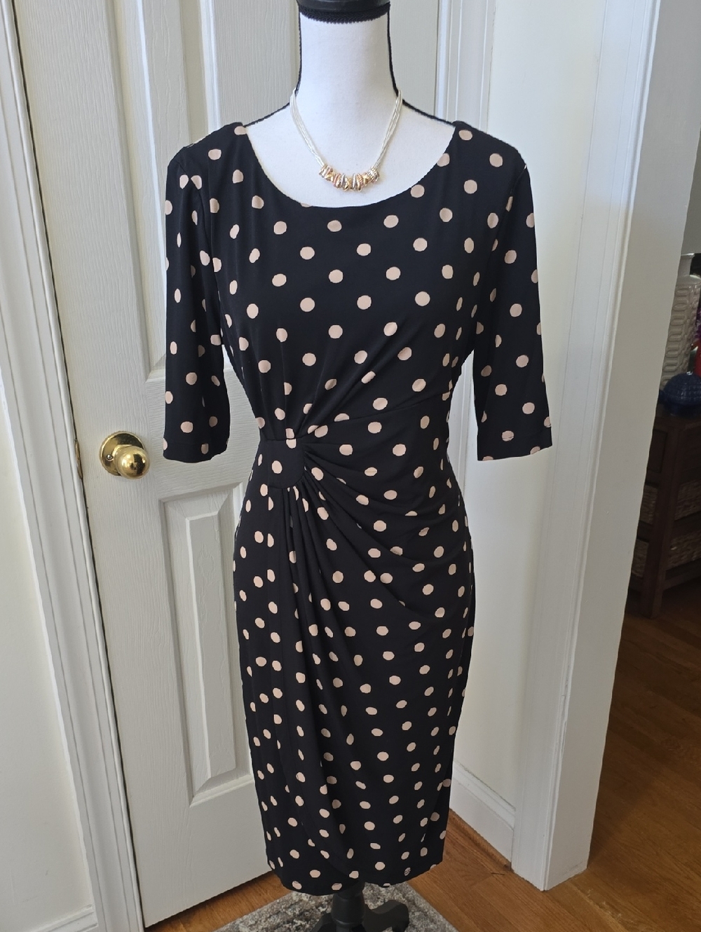 COVINGTON BRAND WOMEN'S BLACK AND TAN POLKA-DOT SHORT SLEEVES DRESS SIZE 12